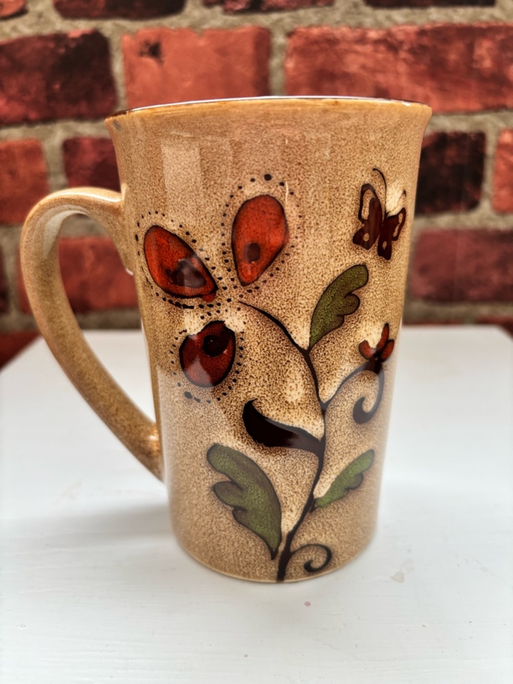 👛 (ANY 2/$20) BLUE Harbor hand-Painted Floral Ceramic Mug, Tan 16 oz. Capacity